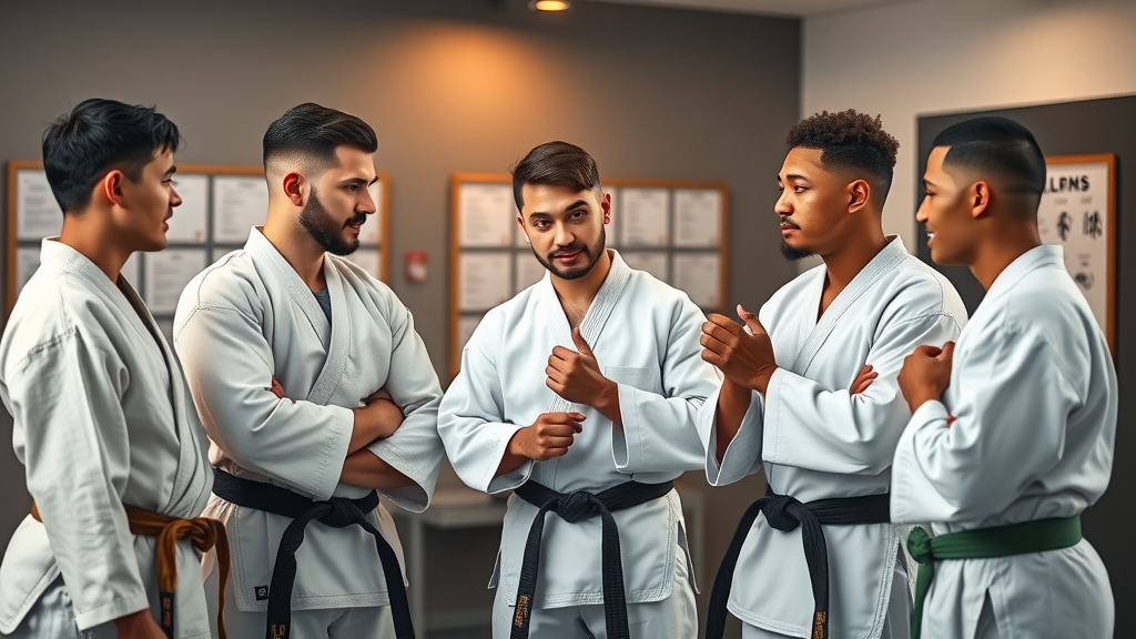 Motivated students and instructor discussing personal goals with supportive interaction in modern martial arts studio