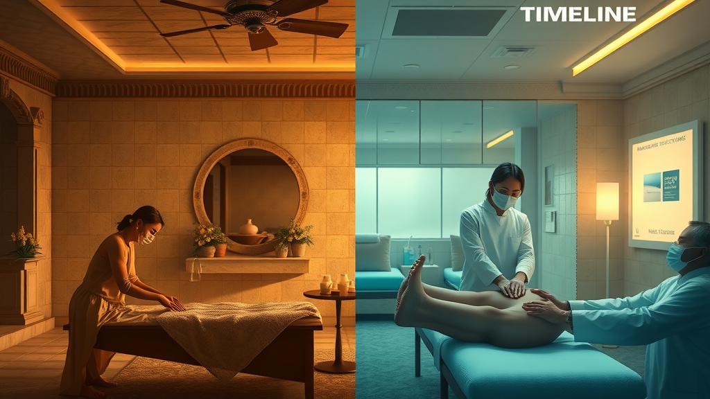 Timeline illustration showing the evolution of massage from ancient to modern health practice
