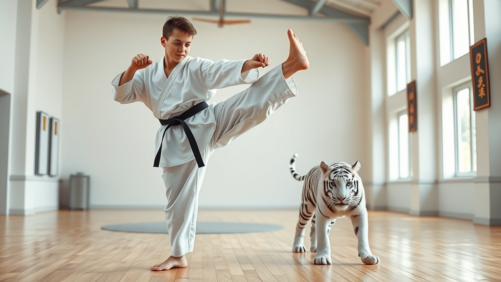 Focused student and white tiger in a dojo showcasing white tiger martial arts.