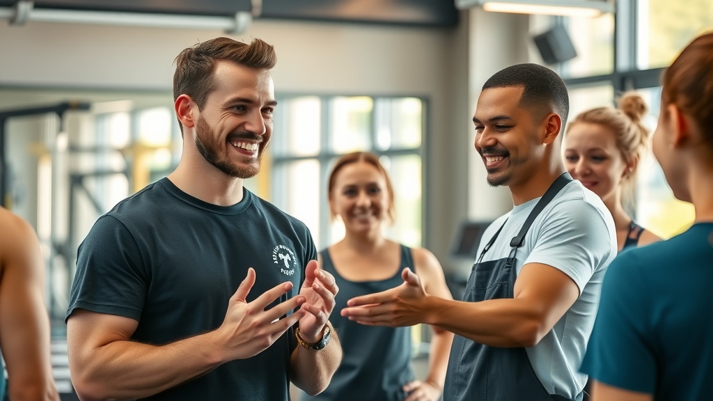 Friendly gym staff engaging in gym customer service by greeting members warmly