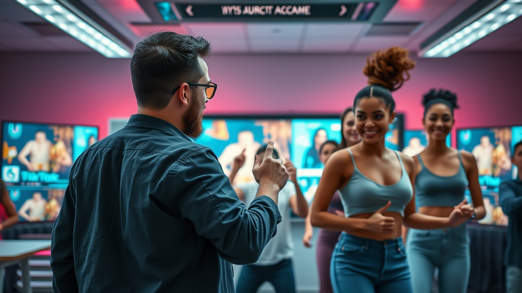 Modern dance instructor recording TikTok dance with students at MCDC