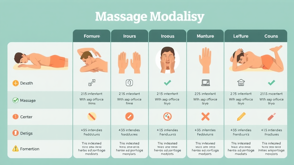 Comparison chart of massage modalities highlighting techniques and benefits