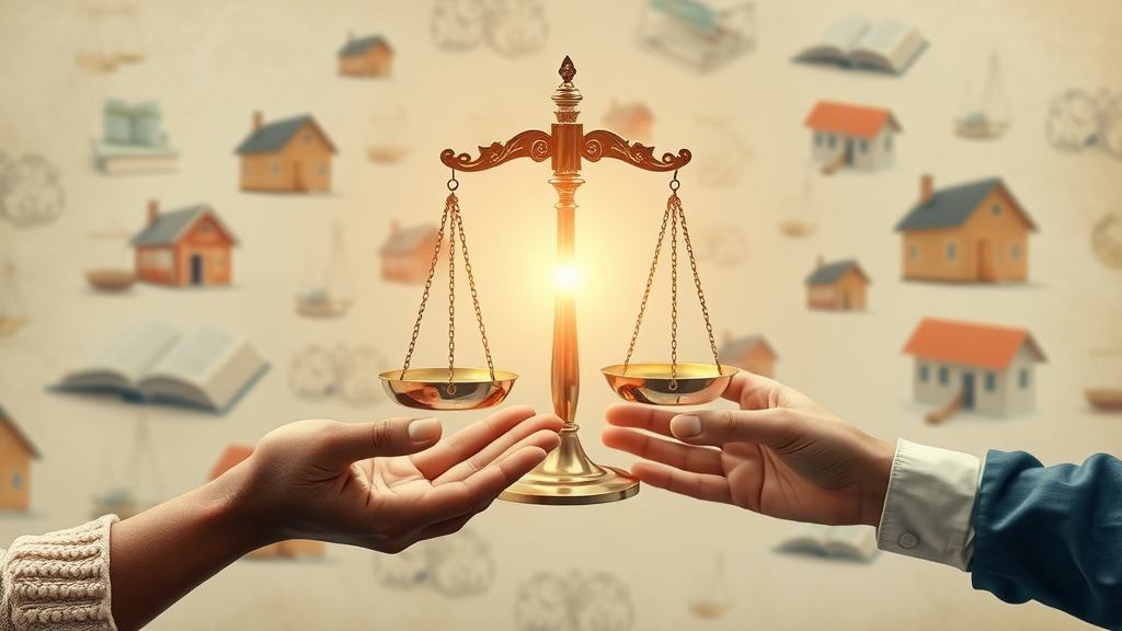 Diverse hands holding scales of justice in symbolic illustration of unity and fairness