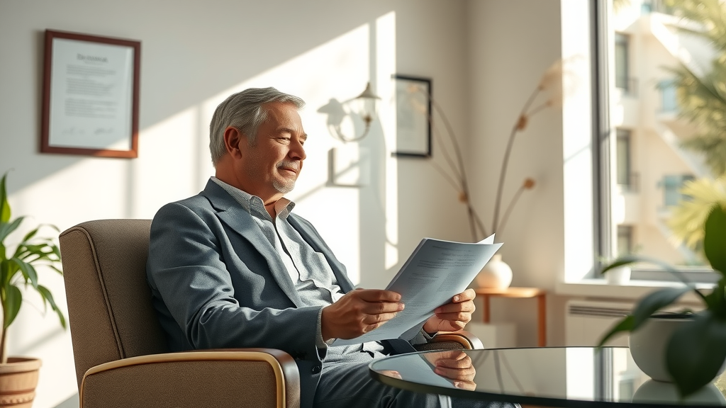 Client reviewing legal paperwork in bright legal doc shop waiting area.