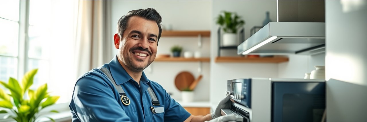 Essential home services: friendly technician repairing appliance in bright modern kitchen