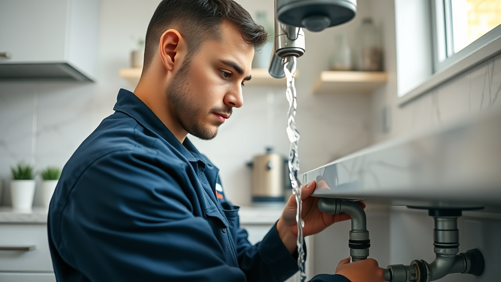 Plumber repairing kitchen sink highlights essential home services in action.