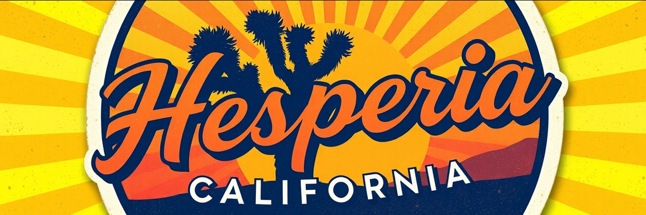 Vintage Hesperia California logo with sunset stripes and Joshua tree