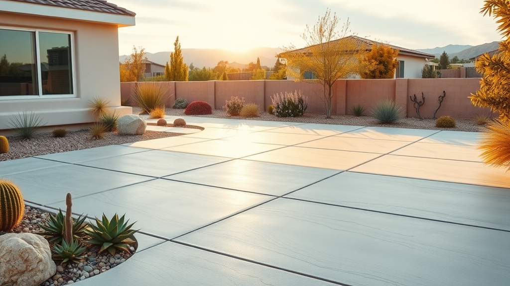 Modern hesperia concrete driveway and patio with desert landscaping, sunlit curb appeal