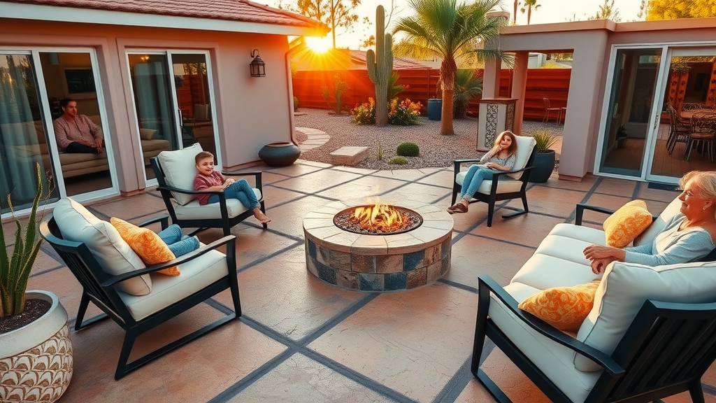 Stamped hesperia concrete patio with family, stylish outdoor desert living space