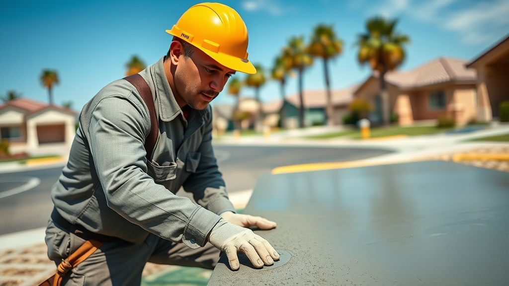 Hesperia concrete expert finishing residential sidewalk, craftsmanship under bright sky