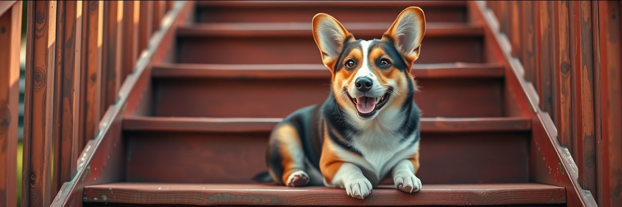 Cheerful corgi dog sitting on wood steps at pet partners boutique &amp; thrift shop.