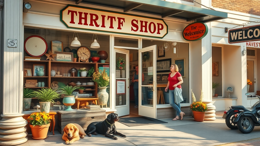 Pet Partners Boutique &amp; Thrift Shop storefront with volunteers, dogs, and happy shoppers