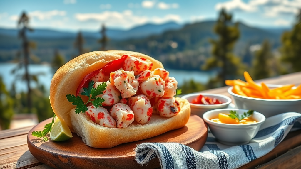 King &amp; queen lobster roll with mountain scenery and fresh seafood presentation