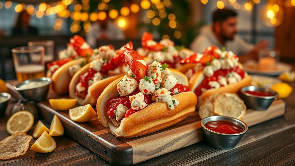 Festive king &amp; queen lobster rolls platter at a community food event