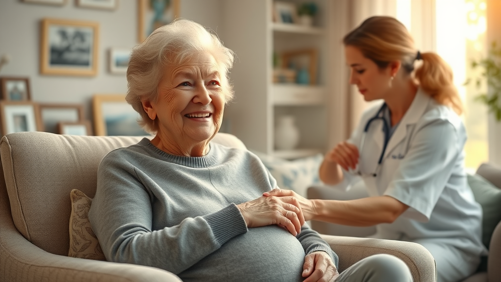 valde home health caregiver comforting elderly woman in bright home setting