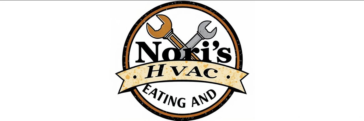 Noris Heating and Air logo badge with vintage tools, gold and black design