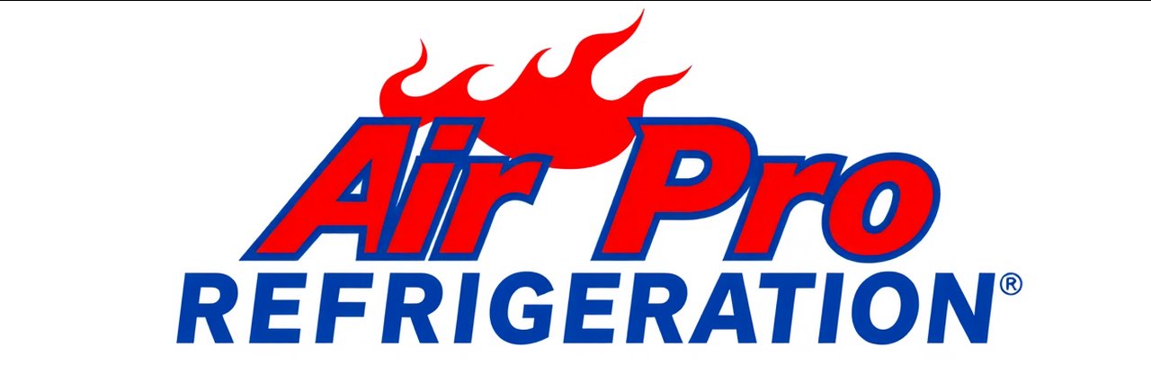 AI Pro Refrigeration logo with flames in blue and red text on white background