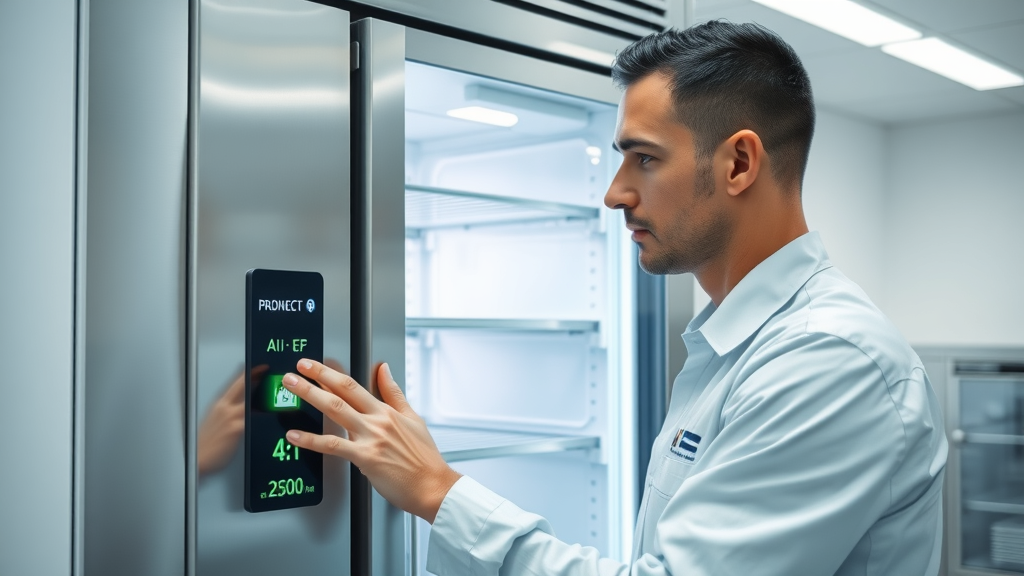 AI pro refrigeration technician checks smart walk-in fridge controls