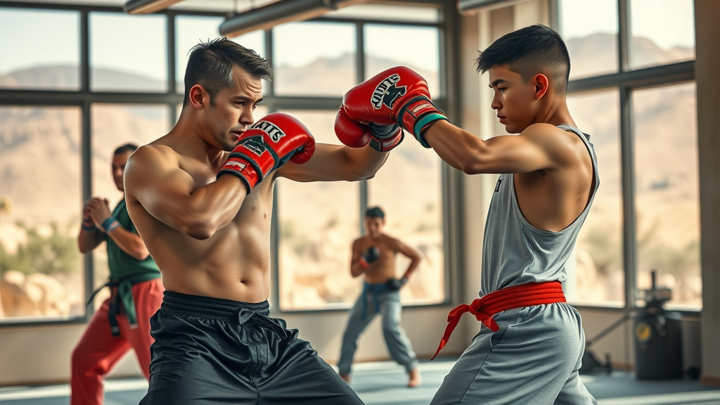 High desert fight club training with adults and youths in a sunlit gym
