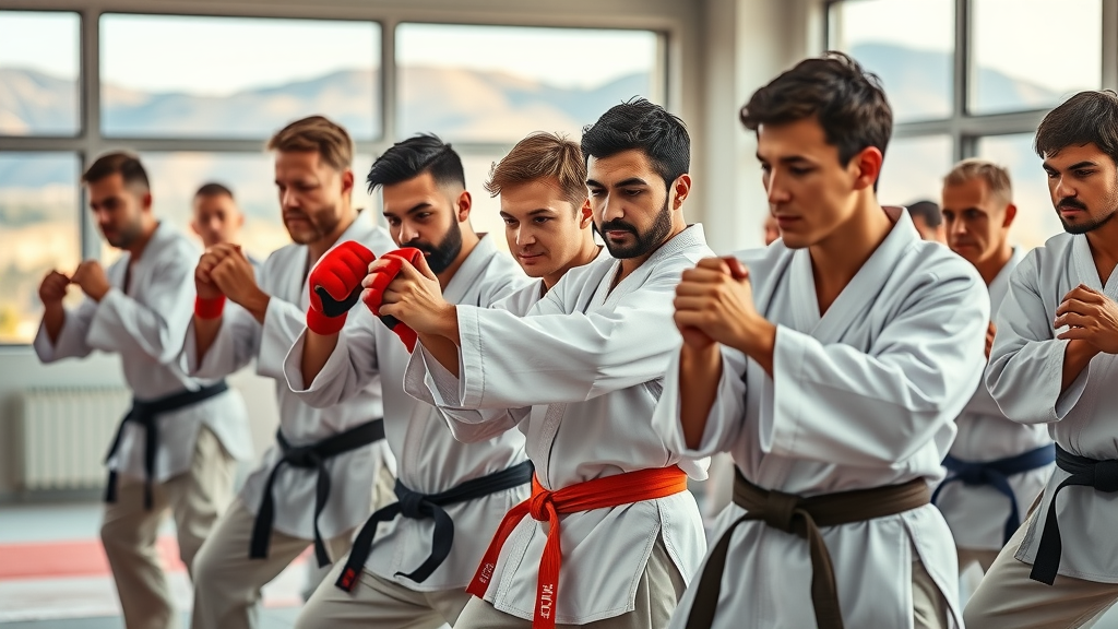 High desert fight club group training in modern dojo with desert view.