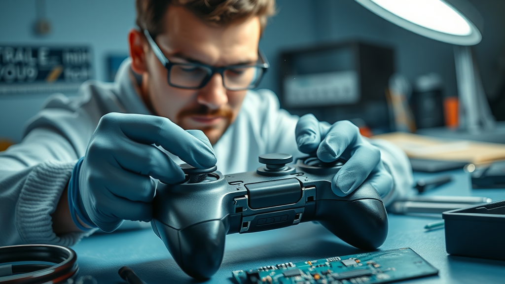 Aynax tech technician meticulously fixing a gaming controller, ensuring device longevity.
