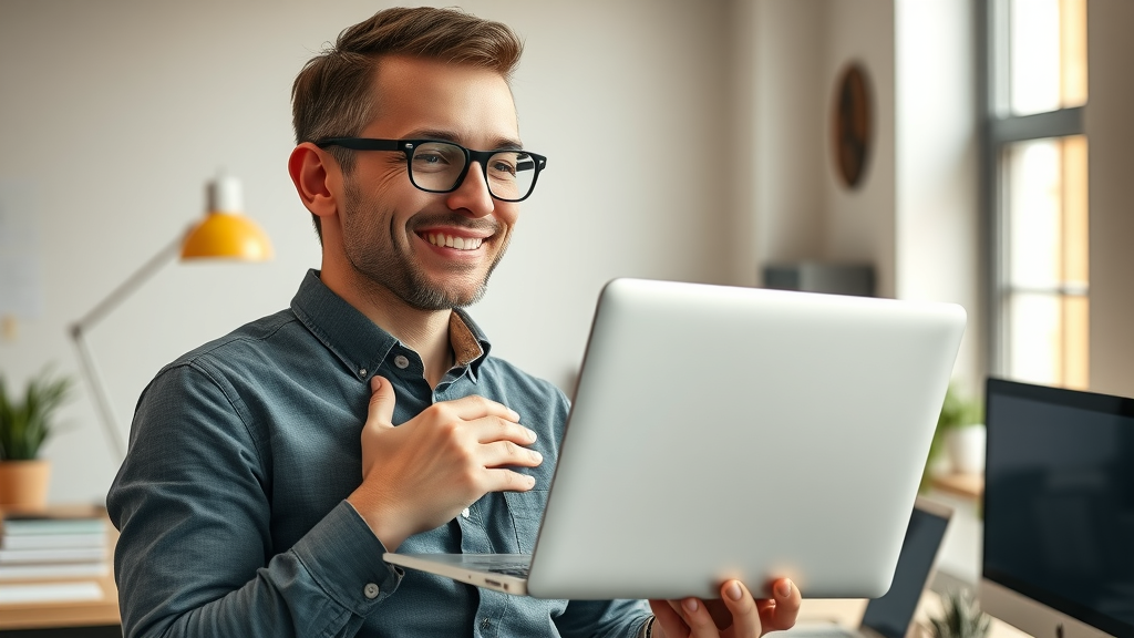 Happy business owner with fixed laptop, demonstrating Aynax tech