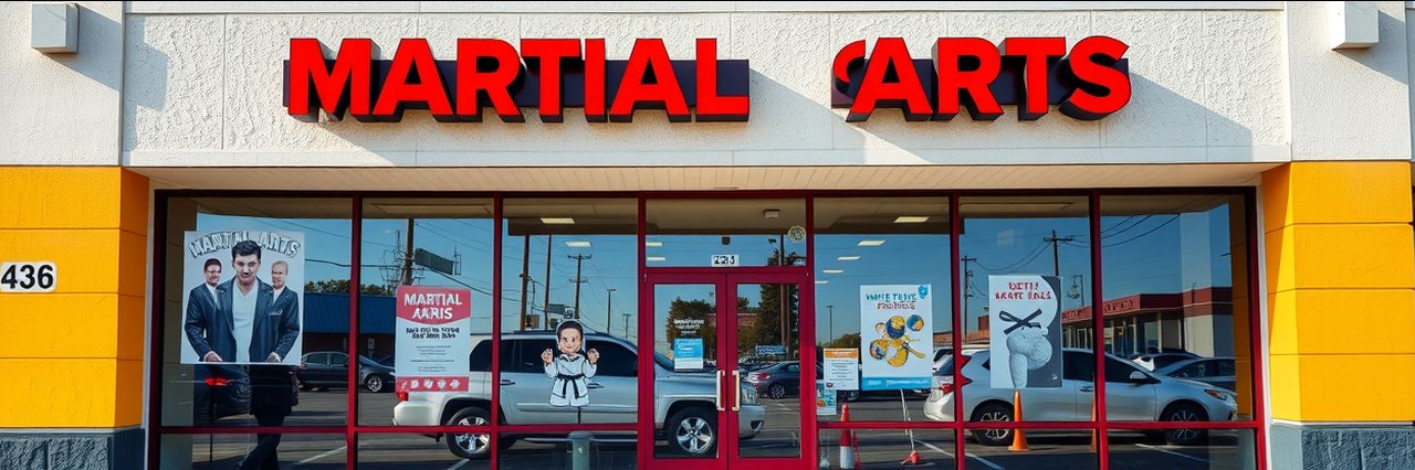 Tiger Choi Martial Arts storefront with bold red signage in a strip mall.