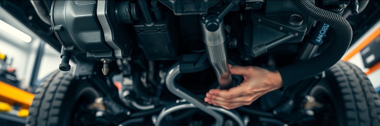 a close-up of a mechanic’s hands working on an engine or undercarriage