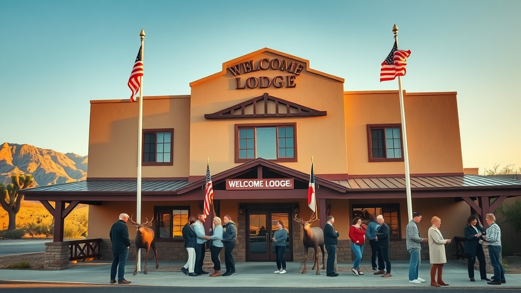 Hesperia CA Elks Lodge with community members gathered at entrance in golden sunset