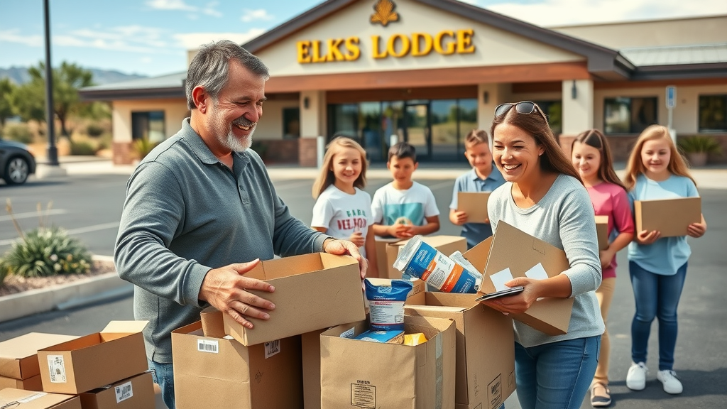Hesperia CA Elks Lodge volunteers organizing food drive in lodge parking lot