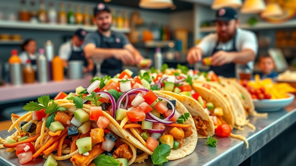 Colorful build-your-own ranchero chronic tacos with fresh toppings at restaurant