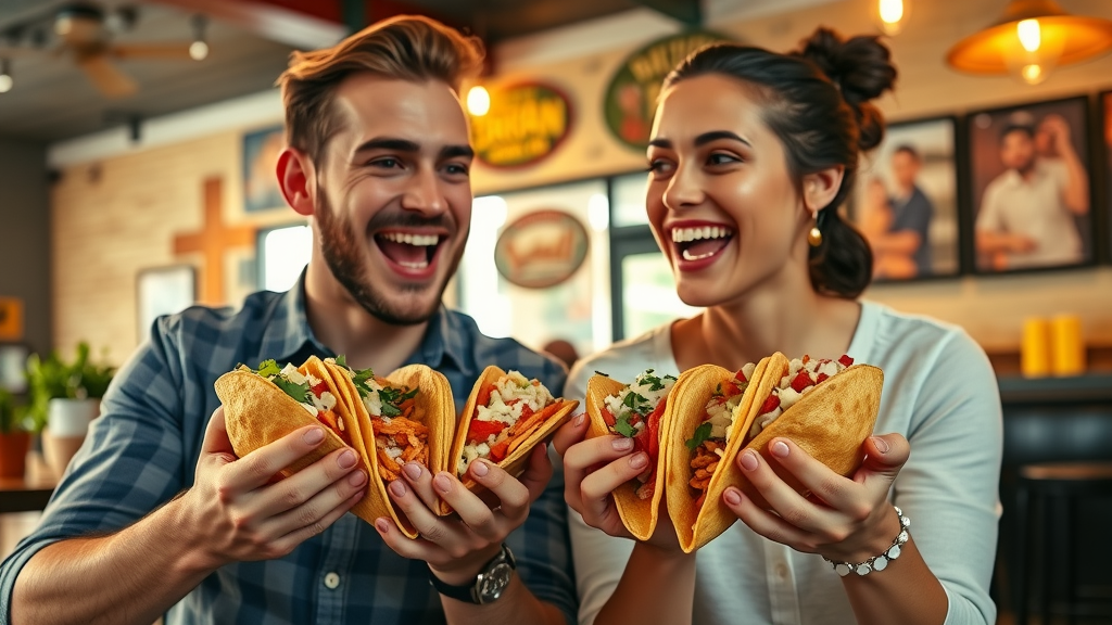 Happy couple savoring ranchero chronic tacos in a lively authentic Mexican restaurant
