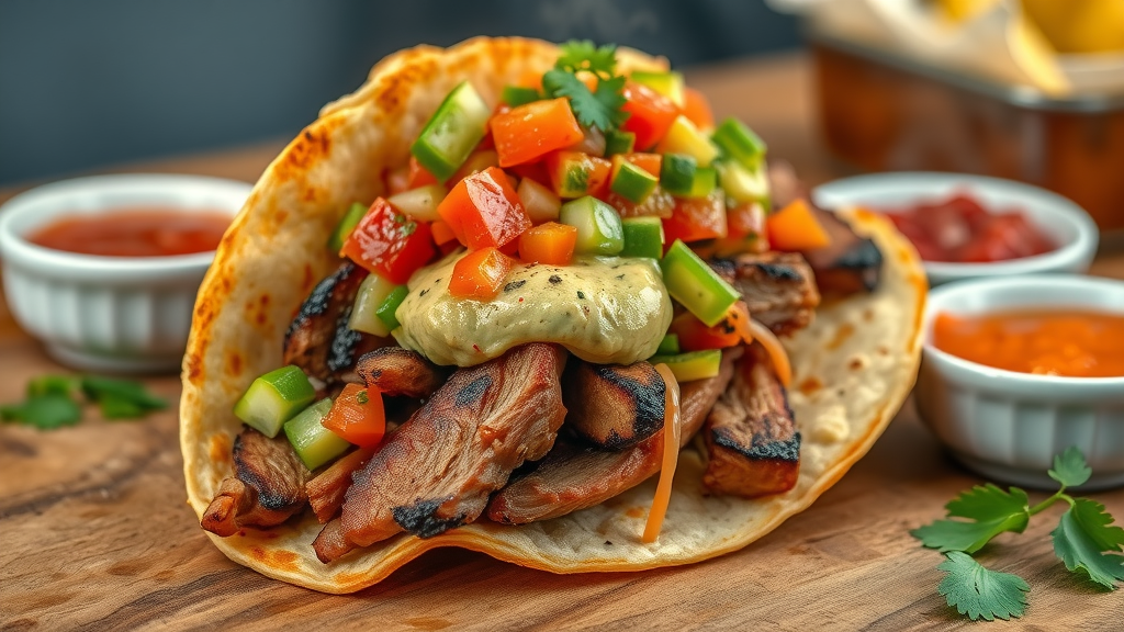 Fresh ranchero chronic taco close-up with grilled fillings and vibrant toppings