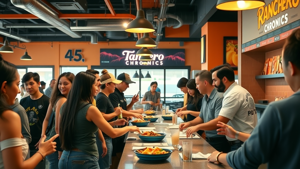 Bustling taco bar at ranchero chronic tacos with customers customizing their meals